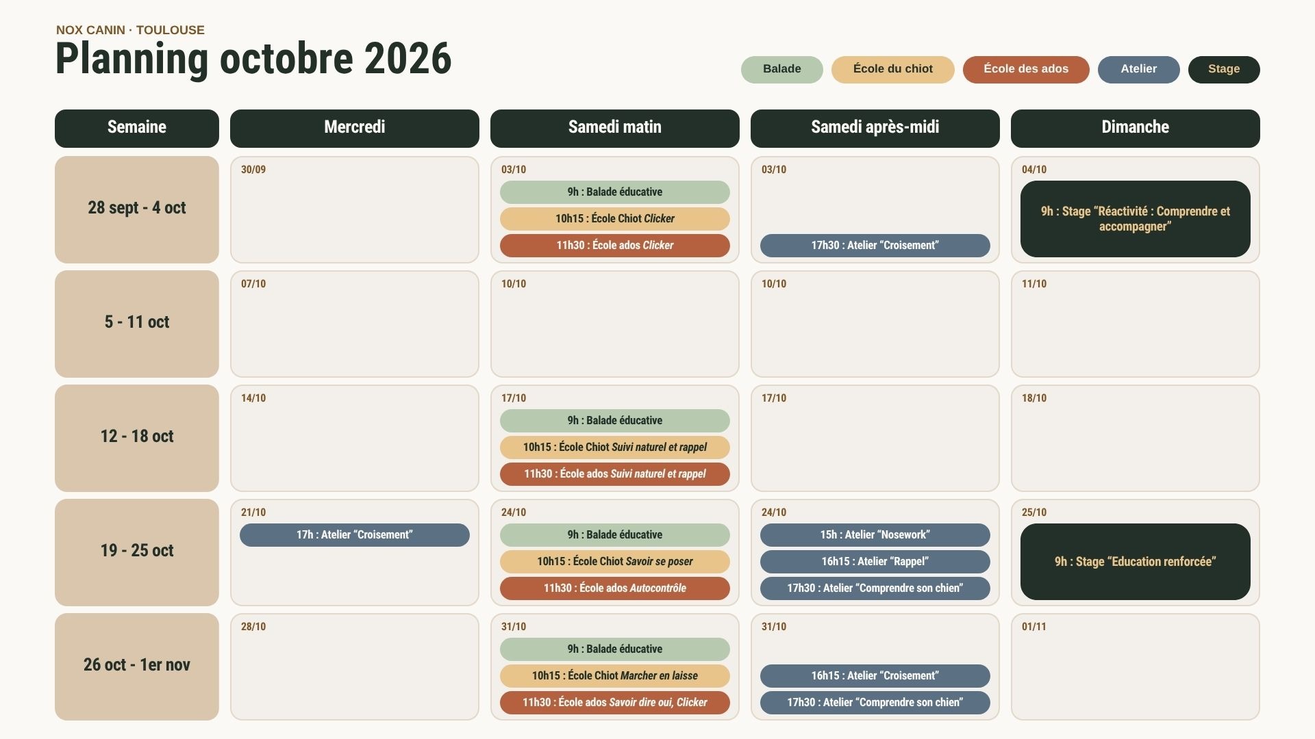 Planning octobre 2026